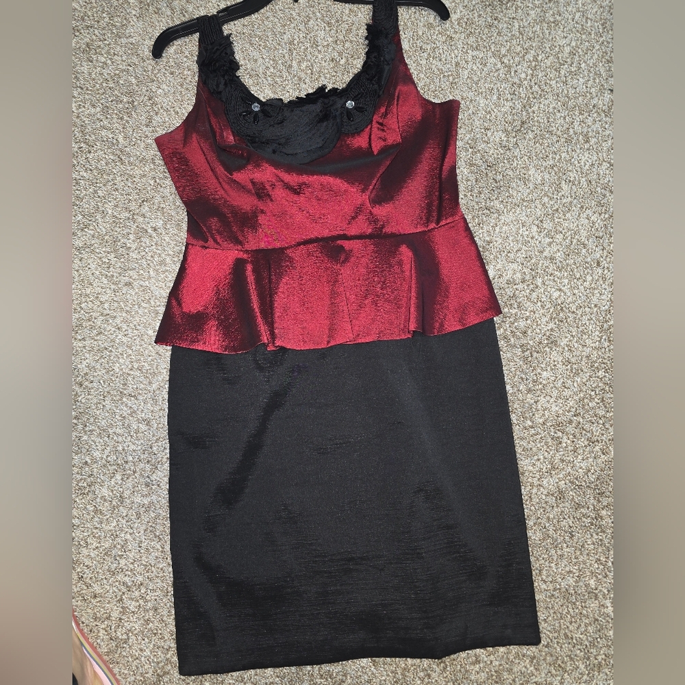 S.L. Fashions Red and Black peplum cocktail dress